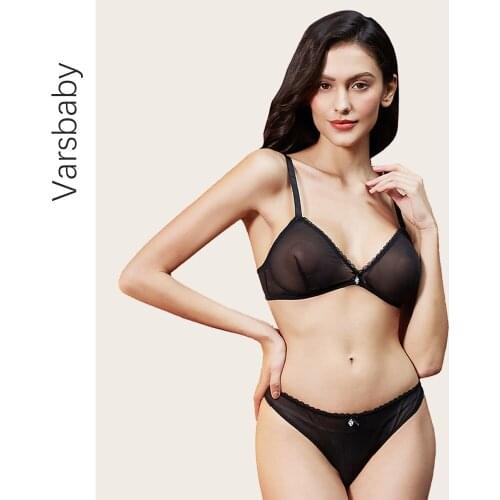 Varsbaby sexy G-strings yarn underwear deep V see-through bow transparent bra and thongs set