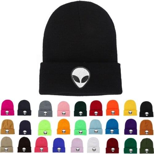 Warm Winter Embroidered Cuff Alien Hat for Women Men Knit Casual Beanie Autumn Solid Slouchy Hip Hop Funny Cute Black Lady Cap