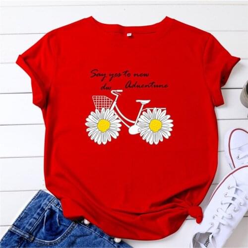 Plus Size Fashion Tops Daisies Bicycle Print TShirt Cotton Women Shirts O Neck Short Sleeve Tees Summer T Shirt Women T-Shirt