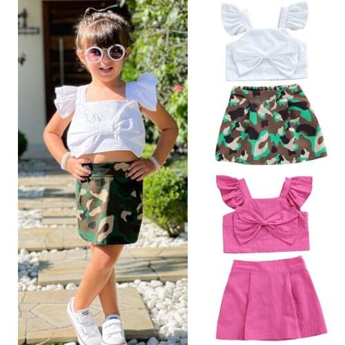 1-6Y Summer Infant Kids Girls Clothes Sets Ruffles Sleeve Bowknot T Shirts Tops Camouflage Skirts 2pcs