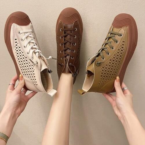 New summer flat-heeled ladies leather shoes peas shoes round toe hollow flat-bottomed ladies sandals boots