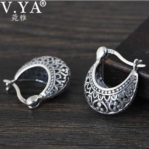 V.YA Real 925 Sterling Silver Flower Pattern Moon Shape Hollow Earrings for Women Retro Ethnic Fashion Jewelry