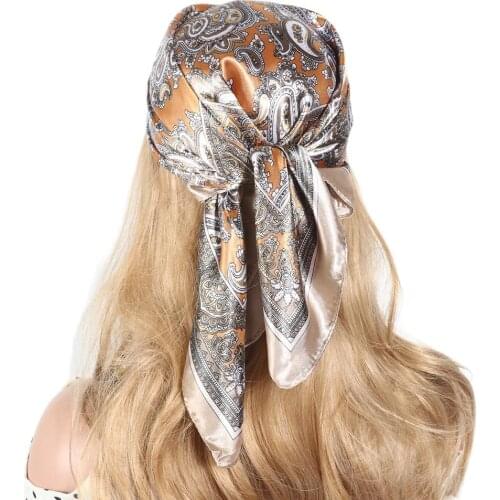 Hair Scarf Women Satin Bandana Summer Square Small Bag Wrap Bohemian Retro Paisley Silk Scarves 60X60CM Islamic Kerchief