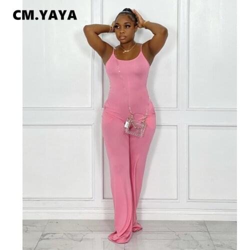 CM.YAYA Women Jumpsuit Solid Sleeveless Strap O-neck Skinny Flare Jumpsuits with Pockets Sexy Fashion One Piece Overalls Summer