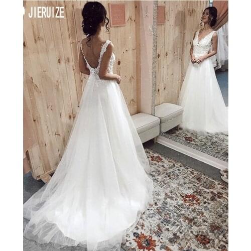 JIERUIZE Backless Wedding Gowns V Neck Sleeveless Lace Appliques Vestido De Noiva Boho Bride Gown 2020
