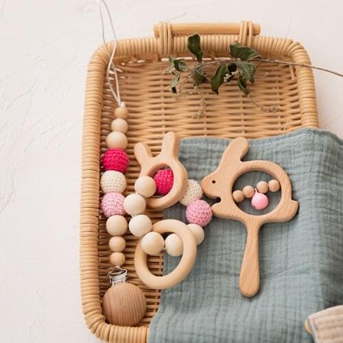 1 Set Baby Rattle Toys Lion Rabbit Hand Teething Rattle Musical Montessori Stroller Toy Wooden Educational Toys Gifts