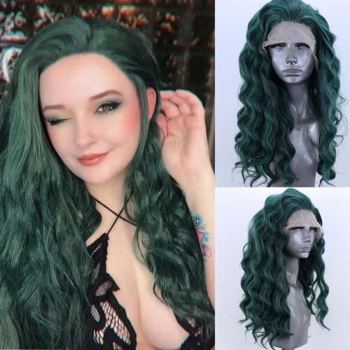 13x4 Lace Frontal Wig Dark Green Colored Synthetic Lace Front Wigs Wet and Wavy Body Wave Lace Front Wigs For Black Women