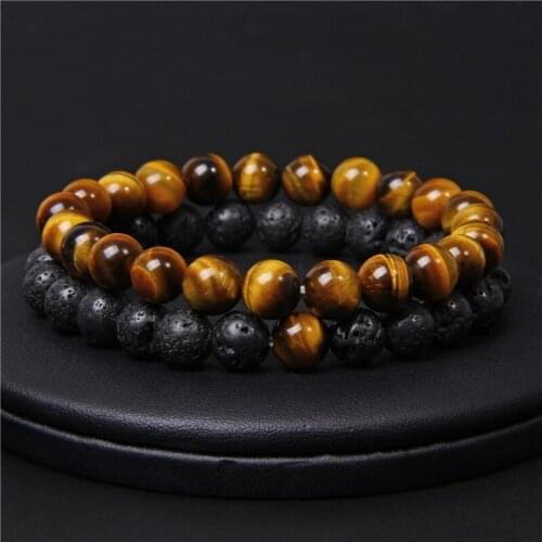 2pcs/set Natural Tiger Eye Stone Beads Bracelet Black Lava Beaded Bracelet Couple Distance Energy Yoga Jewelry for Women Men