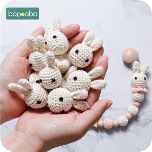 Bopoobo 10pc Food Grade Bunny Teether Crochet Beads For Dummy Pacifier Clip DIY Wood Jewelry Making For Teeth Baby Product