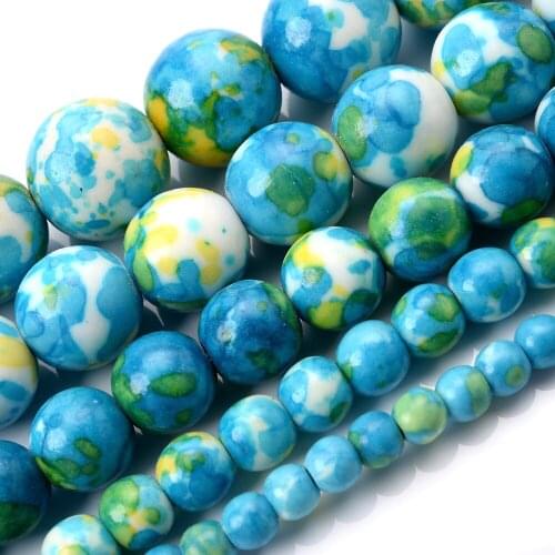 Natural Stone Beads Lake Blue Rain Colorful Round Loose Bead for Jewelry Making DIY Bracelet Charms Accessories 4/6/8/10/12mm