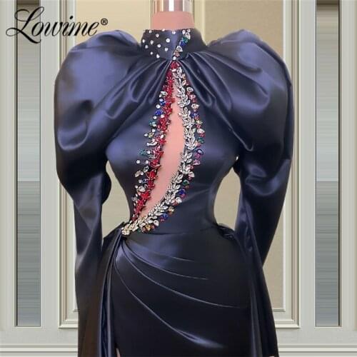 Elegant Navy Blue Evening Dresses Dubai Design Arabic Long Mermaid Celebrity Party Dress 2021 Couture Long Sleeves Prom Gown