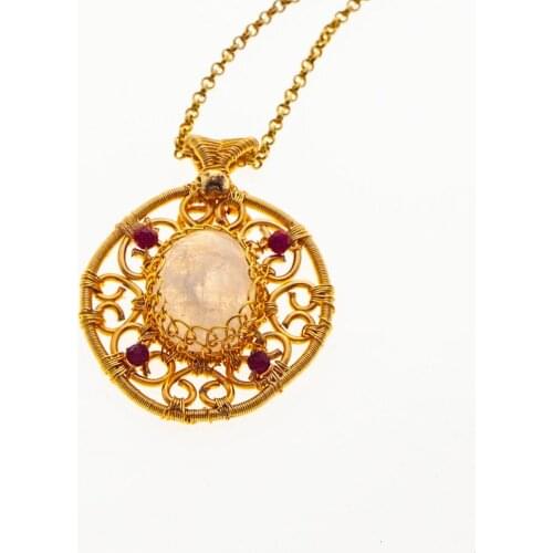 Palace Handmade Moonstone 14K Gold Tone Knit Pendant Classic Natural Gemstone Wire Woven Filigree Necklace Women Fine Jewelry