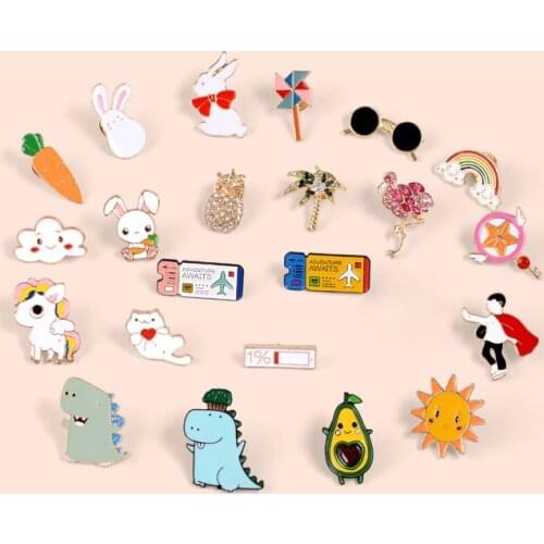 Cute Animal Enamel Pins Dinosaur Rabbit Tree Bird Cloud Clothes Jeans Bag Lapel Pin Shirt Badge Wholesale Gift for Women Friend