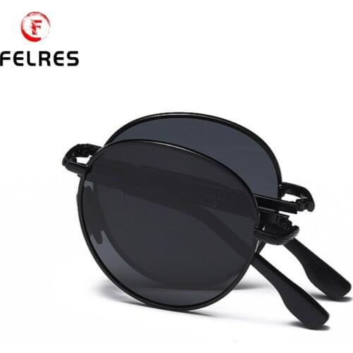 FELRES Foldable Metal Frame Round Polarized Sunglasses For Men Women Outdoor Driving Traveling Glasses New A614