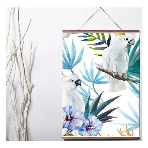 Water color Parrot Llant Leaves and Flowers Art Canvas print poster decoration painting solid wood hanging scroll