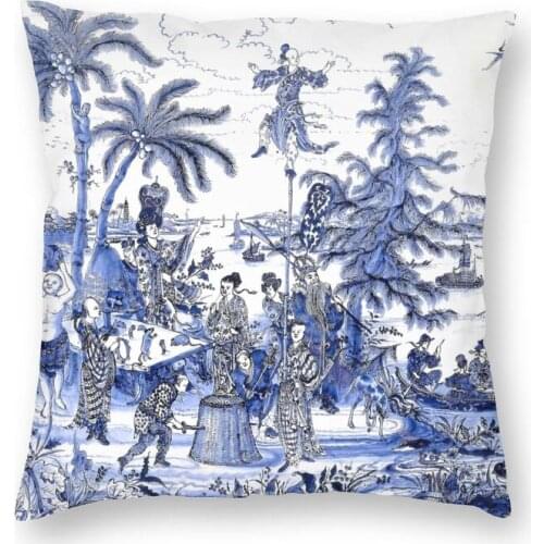 Chinoiserie Blue Landscape Cushion Cover Printing Blue Delft Floor Pillow Case for Sofa Cool Pillowcase Home Decoration