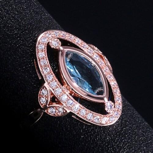Modyle Vintage Big Blue Oval Stone Rings For Women Size 6 7 8 9 10 Antique rose gold Color Jewelry