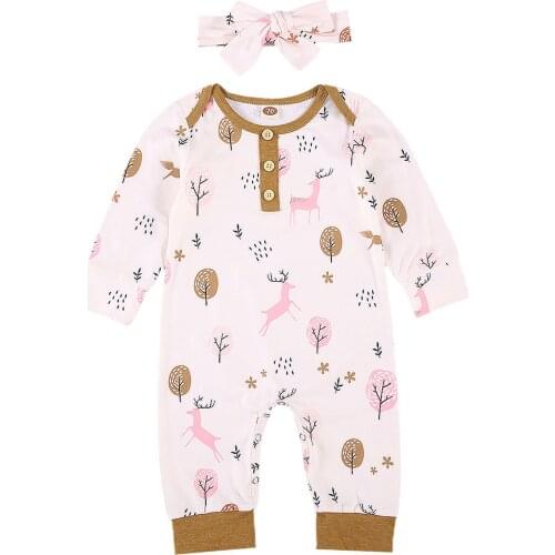 2021 0-12M Newborn Baby Jumpsuit Headband 2pcs Autumn New Boys Girls Cartoon Animal Print Long Sleeve Cotton Clothes Romper