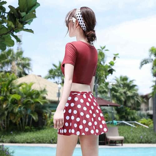 2021 Two-Piece Short Sleeve Cross Folds Conservative High Waist Polka Dot Print Pleated Skirt Korean Hot Spring Swimming Suit