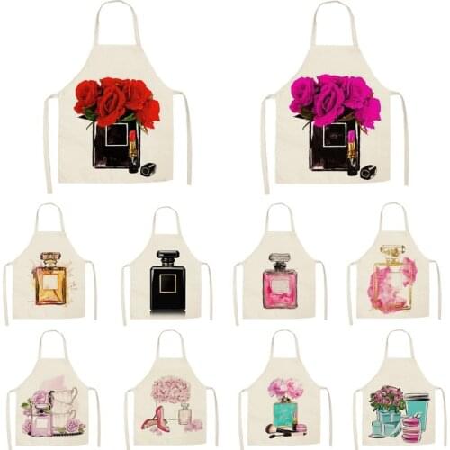 Linen New Hand Painted Flower Perfume Bottles Print Kitchen Aprons Unisex Dinner Party Cooking Bib Funny Pinafore Cleaning Apron