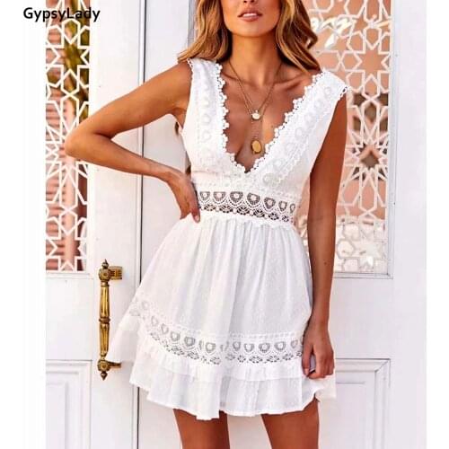 GypsyLady 100% Cotton Lace Mini Dress Summer Sexy Holiday Women Dress Crochet Sheer Backless Ruffle Ladies Beach Female Dresses