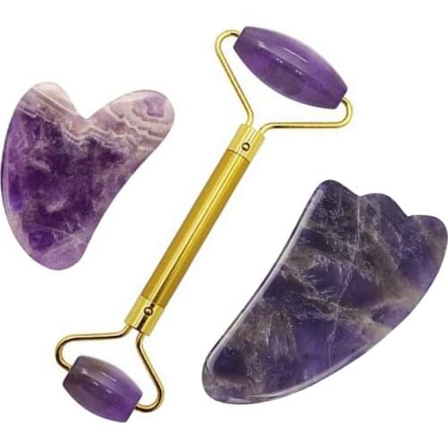Amethyst Jade Face massage Roller Gouache Scraper Guasha Massage Tool Set Natural Gouache Jade Facial Body Roller massager Gift