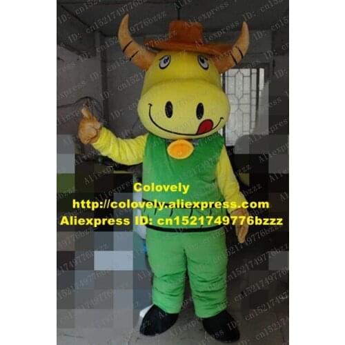 Fancy Yellow Cattle Bull Mascot Costume Mascotte Calf Cow Ox Bovini With Big Brown Horns Green Clothes Adult No.2994 Free Ship