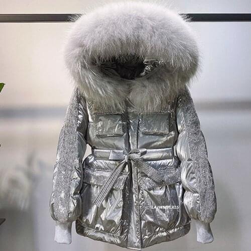 2021 New Winter Sliver Down Coats Puffer Jackets Women Fashion Glossy Sequins Real Big Fox Fur Collar Down Overcoat Female