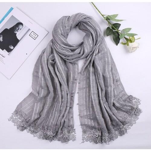 New lace cotton scarf hijab embroidered bead long shawl printed stripe muslim Islamic headscarf scarves wraps 200*75cm 20pcs/lot