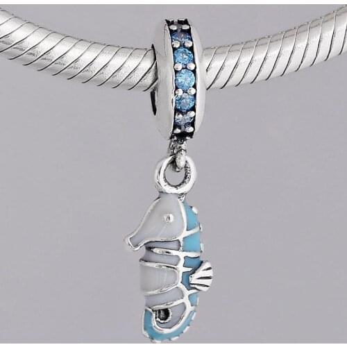 Original Blue Enamel Tropical Seahorse Pendant Beads Fit 925 Sterling Silver Bead Charm Bracelet DIY Jewelry