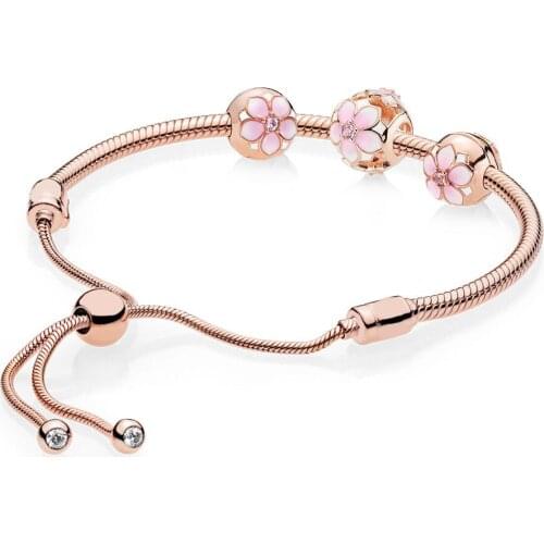 Original 925 Sterling Silver Bangle Rose Gold Openwork Magnolia Bloom With Crystal Beads Pan Bracelet Diy Jewelry