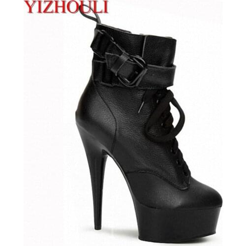 15cm black strappy sexy boots fashion women motorcycle boots classic Platforms short ankle boots 6 inch high heel shoes