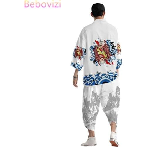 Plus Size 6XL 5xl Carp China Beach Harajuku Japanese Sets Fashion Kimono Men Women Cardigan Haori Obi Asian Clothes Pant Suit