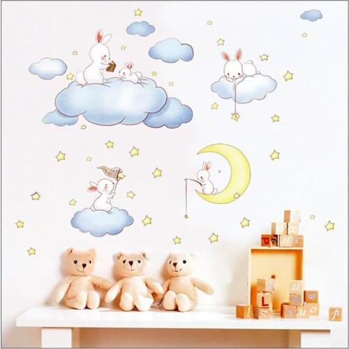 Cloud Rabbit Moon Stars Wall Sticker Self-adhesive Waterproof DIY Removable For Childs Room Baby Bedroom Nursery Decor Mural