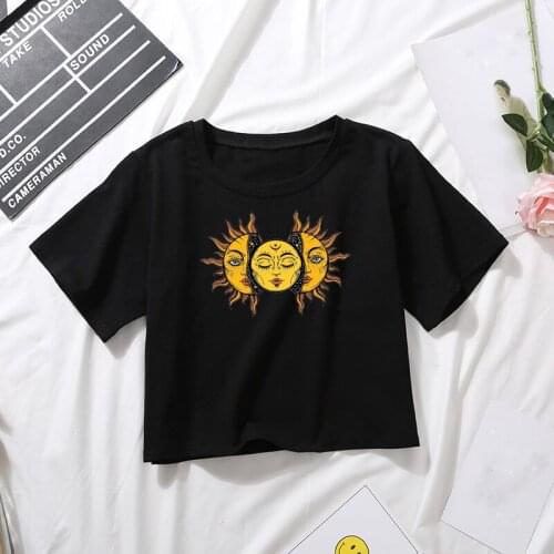 Summer New Black Crop Tops Women Fashion Crew Neck Short Sleeve T-shirts For Women Sun And Moon Print Slim Short Sport Femme Tee