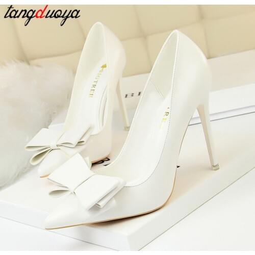 Autumn Heel Shoes Pink Heels Woman Blue Sweet Bow Women White High Heels Matte Leather Pumps Thin Heel Pointed Ladies high heels