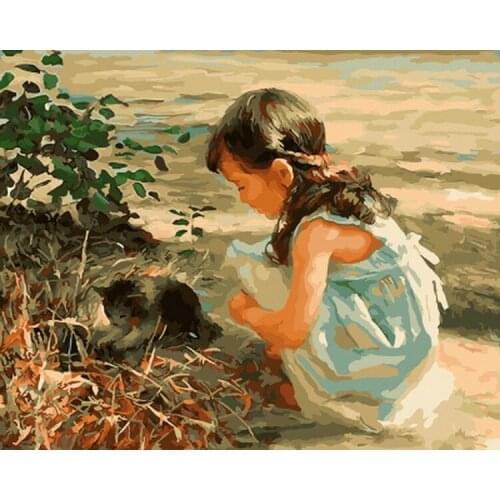 Frameless painting by numbers wall decor diy picture oil painting on canvas for home decor 4050 girl and kitty