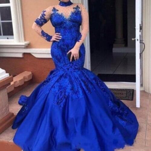 2020 Royal Blue Evening Dresses High Neck Long Sleeves beaded Lace Appliques Evening Gowns Plus Size Satin Mermaid Formal Wear