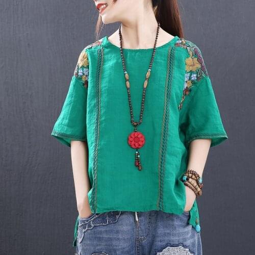 New 2021 Ethnic Flower Embroidered Summer Tshirt Short-sleeved National Style High Quality Cotton Linen Women T-Shirt 4 Colors