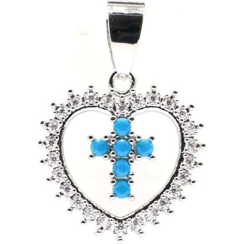 26x18mm Pretty Heart Shape Created Blue Turquoise Pink Kunzite White CZ For Ladies Silver Pendant