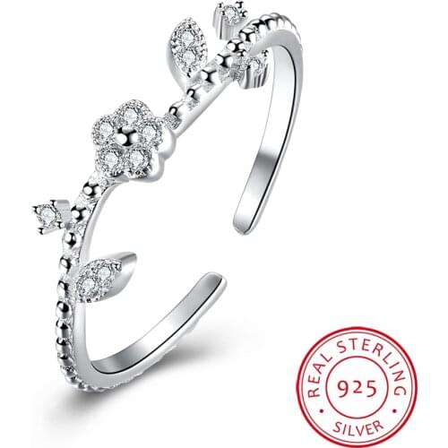 UFOORO Fashion Sterling Silver Tree Flower Branch Leaves Open Ring for Women Wedding Rings Adjustable Finger Jewelry