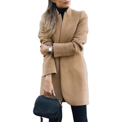 2020 New Plus Size Womens Woolen Coat Office Lady Autumn Solid Color Stand Collar Woolen Long Coat Cardigan For Womens Clothings