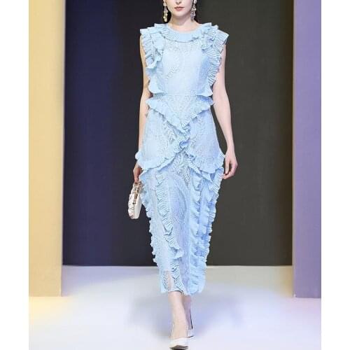 2021 Summer New Womens Lace Stitching Chiffon Pleated Ruffles Elegant Temperament Ladies Temperament Dress Long Skirt Dress