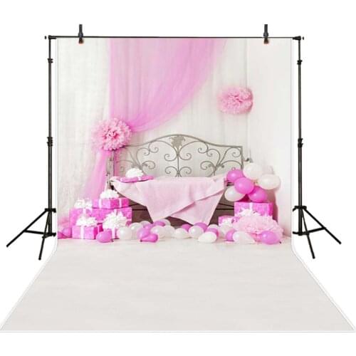 150*200cm Pink Curtain White Chair with Bear Background Photography Children Photo Backdrops Studio Custom Made Digital Printed
