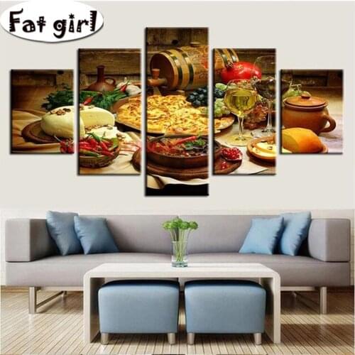 5 Panel Food And Drinks Diamond Painting 5D Diy Square Round Drill Mosaic Cross Stitch Embroidery Restaurant Pizza Home Decor