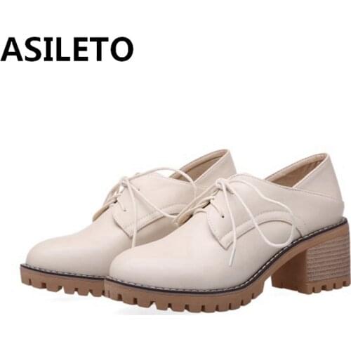 ASILETO 2021 Retro Ladies Pumps Platforms Stepped On Lace Up Breathable Round Toe 5CM Chunky Heel Shoes US12 Black Beige A4399