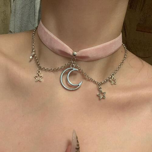 Velvet moon stars choker Moon And Stars Chain Choker Kawaii Pastel Pink Velvet Chain fashion delicacy women