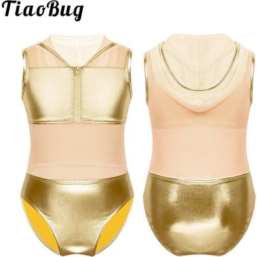 TiaoBug Kids Shiny Metallic Ballet Leotards Girls Sleeveless Hooded Stage Dance Costume Child Mesh Patchwork Gymnastics Leotard