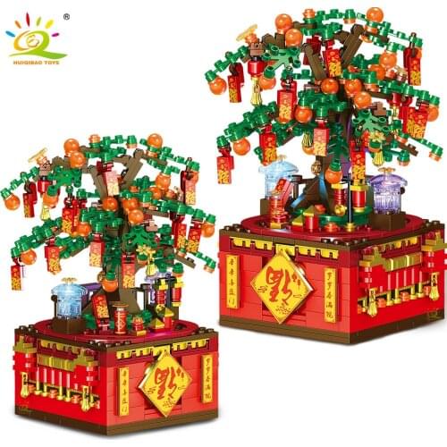 HUIQIBAO 566pcs Idea Potted Orange Tree Rotating Music Box Building Blocks Creator Bricks Set Children Toys New Year Decoration
