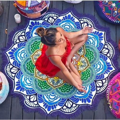 Tassel Indian Toalla Mandala Tapestry Beach Towel Sunblock Round Bikini Cover-Up Blanket Lotus Bohemian Yoga Mat